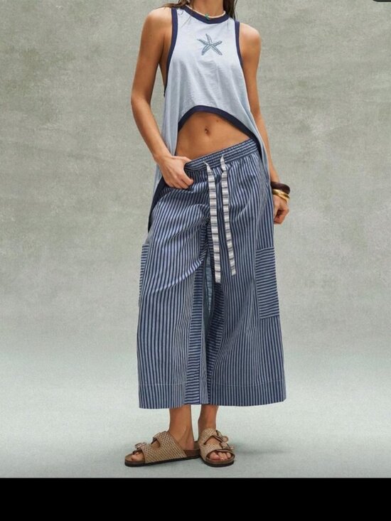 Free People Pants - Free People Beach Striped Wide-Leg Drawstring Pants Cargo Pockets Medium